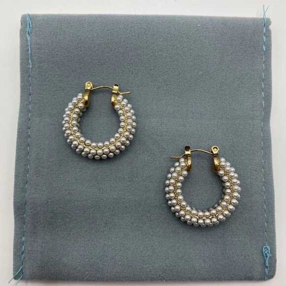 Elegant Marrin Costello Audrey Pearl Hoops - 14k Gold Plated - Pre-Owned Beauty! - Picture 1 of 4